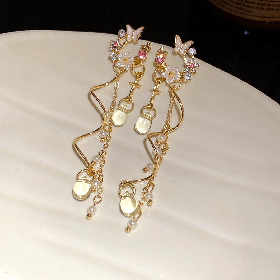 

Silver Needle Diamond Drip Oil Butterfly Flower Tassel Earrings Light Luxury Premium Earrings Temperament Exquisite Versatile Earrings Women