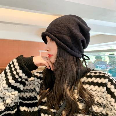 Korean-style Large Head Circumference Drawstring Knitted Beanie for Women, with Rolled Edges, Pullover Cold Hat, Face-slimming Head Wrap, Postpartum