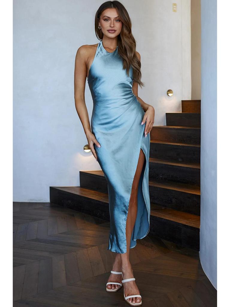 2023 Cross-Border Women's Solid Color Satin Halter Backless Slit Midi Evening Dress