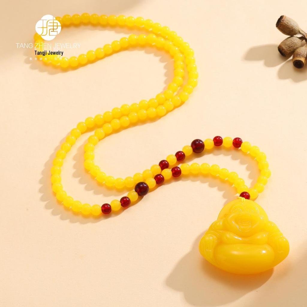 Buddha Pendant Necklace in Chicken Fat Yellow and Amber for Men and Women - Ethnic Style