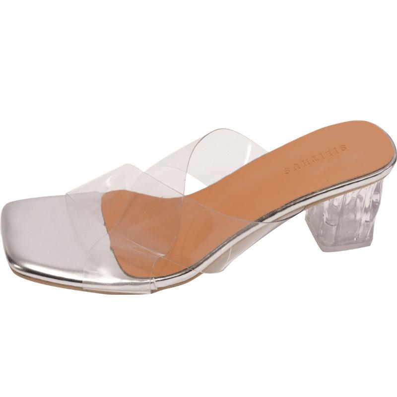 Internet Celebrities Transparent Fairy Style Square Head Thick Heel Slippers Women Summer Wear 2025 New High-end Cool Slippers