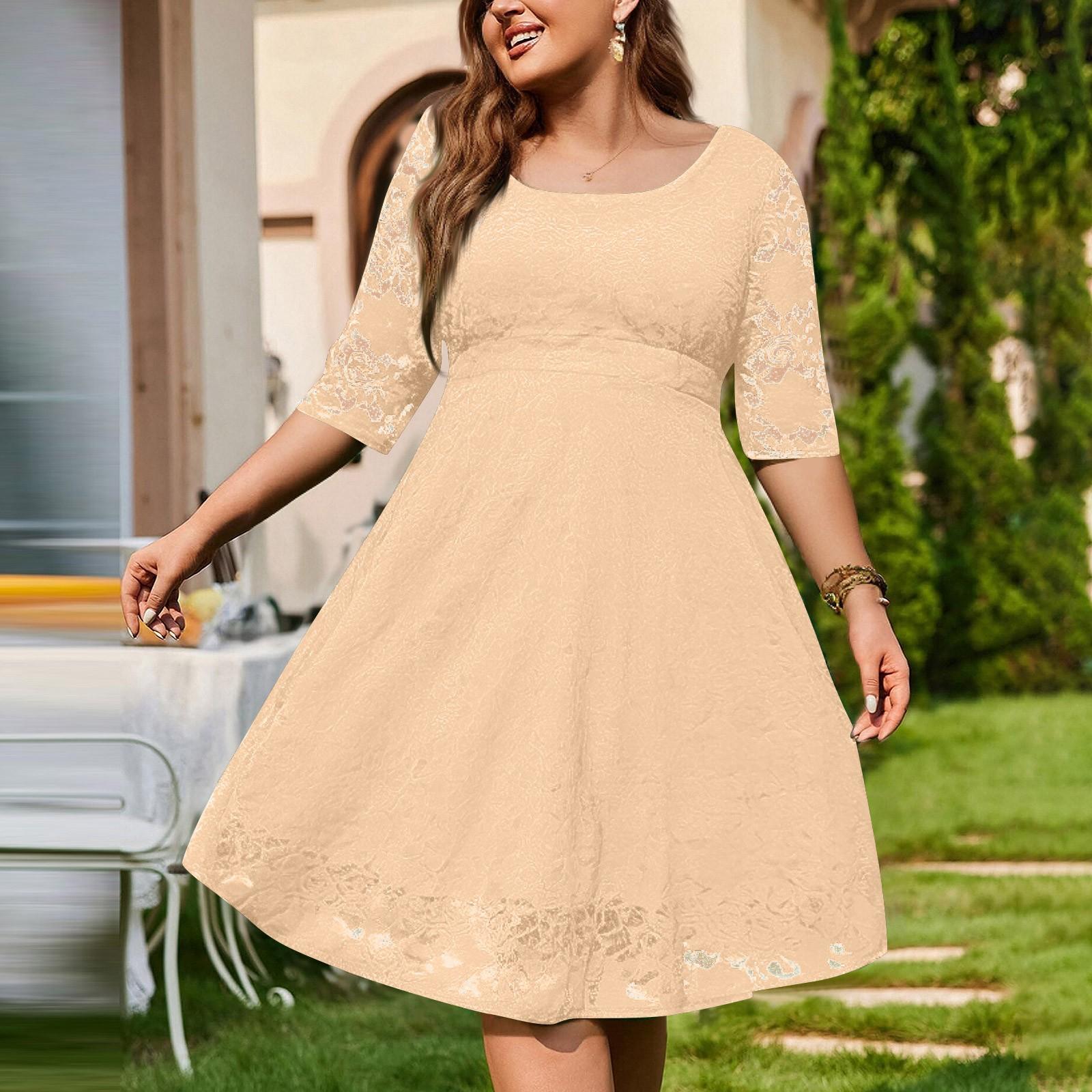 

Жіноча темпераментна мереживна повсякденна суцільна кольорова сукня з круглим вирізом і рукавом три чверті, великий розмір XXXXXXL бежевий