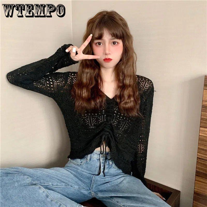 Topuri tricotate pentru femei în stil coreean, primăvară, vară, cu decolteu în V, cu șnur, plisate, scurte, de culoarea bomboanelor