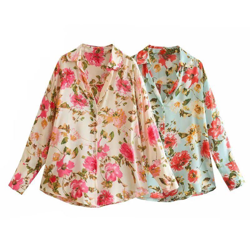 

Ur European and American Style Silk Satin Flower Print for Spring Pink L