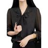 Women's Elegant V-neck Black Polka Dot Chiffon Lace-up Top