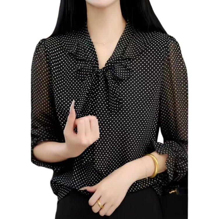 Women's Elegant V-neck Black Polka Dot Chiffon Lace-up Top