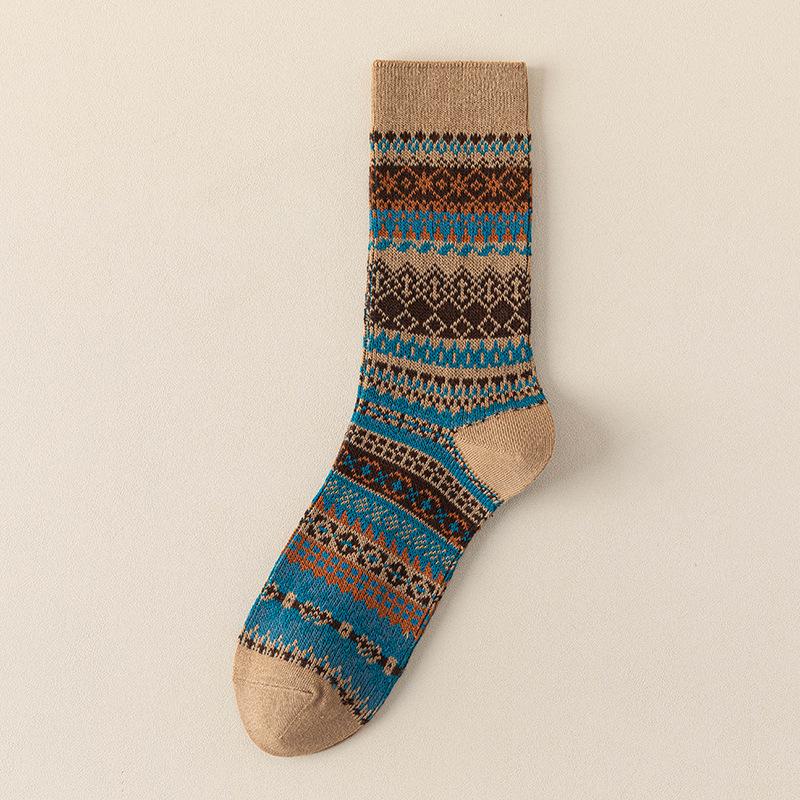 Men's Double Needle Ethnic Mid-Calf Socks - Warm American Retro Kaki for Autumn/Winter