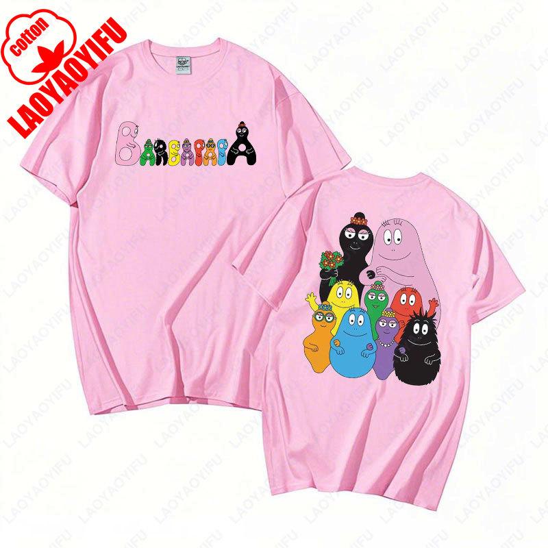 Blume Barbapapa T-Shirt Herren Damen Baumwolle Oberteile Rundhals Casual Streetwear 90er Vintage Cartoon Anime Beidseitig bedruckte T-Shirts Geschenke L pink
