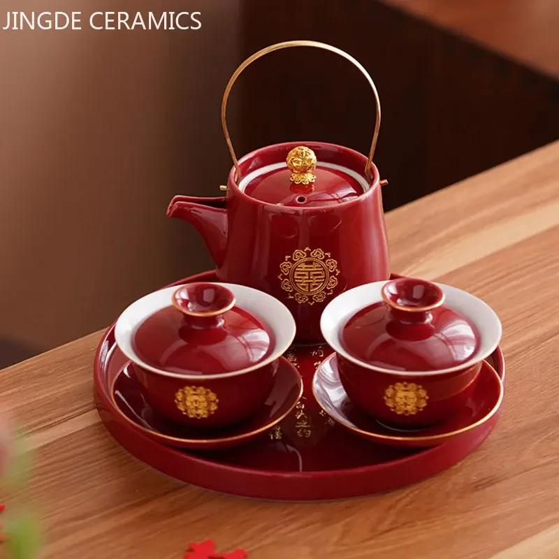 Chinese Ceramic Tea Sets Tradition Handmade Gaiwan Teapot Tea Ceremony Supplies Customized Tea Infuser Wedding Teaware Gifts