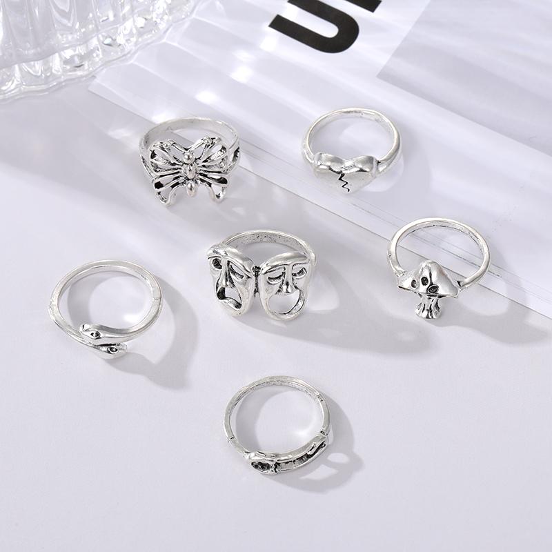 6pcs / Set Vintage Silver Women's Knuckle Ring Heart Ring Set Party Bohemian Jewelry