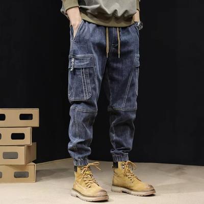 Pánske džínsy voľného strihu, ležérny štýl, vintage cargo nohavice, trendy pánska móda, rovné modré strečové džínsové nohavice