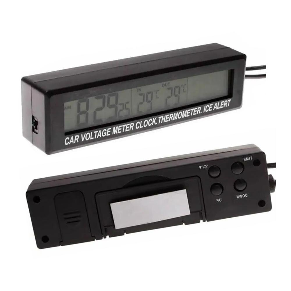 12-24V Car 3 In 1 Digital Inner & Outer Thermometer Display Car Battery Voltmeter & LCD Clock with Temperature Sensor Backlight