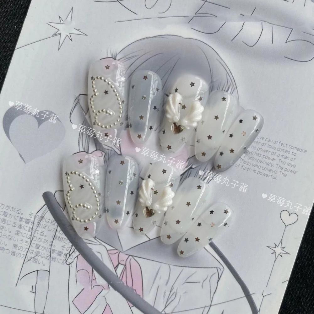 10Pcs Y2K Handmade Press On Nails Short Square Cartoon Stickers Pearl Wings Heart Bow Holiday Gift
