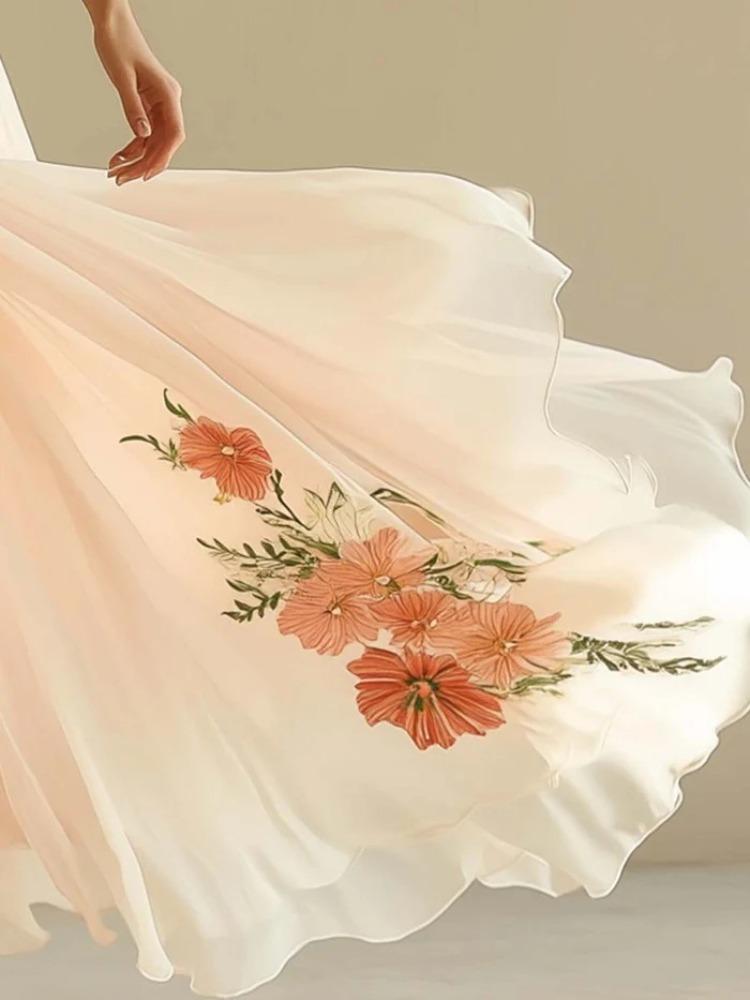 Vestito da Donna con Scollo a V, Manica Corta, Stampa Digitale Posizionata, Gonna Lunga, Elegante, Aderente, Vita Alta