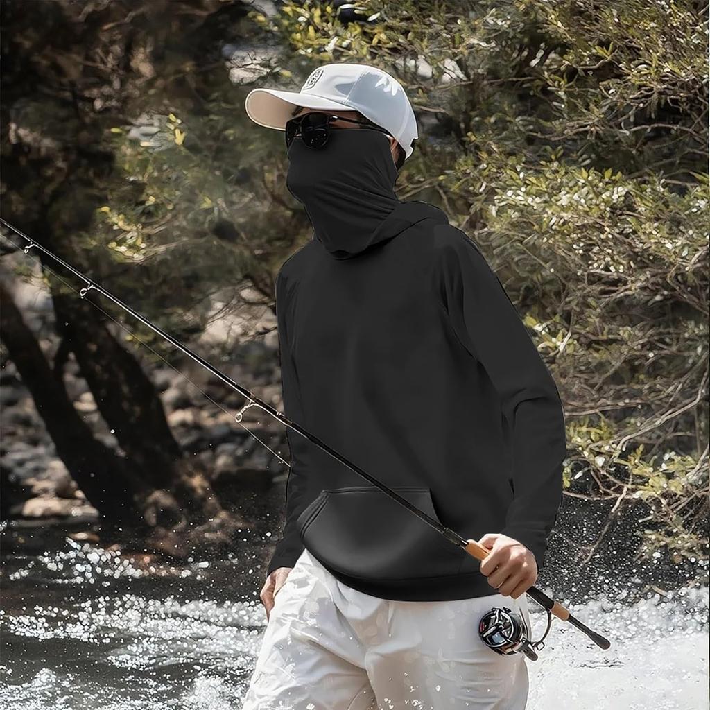 Lightweight Long Sleeve Hooded Shirt with Integrated Face Cover Sun Loose Fit Guard Pullover Top for Outdoor Activities