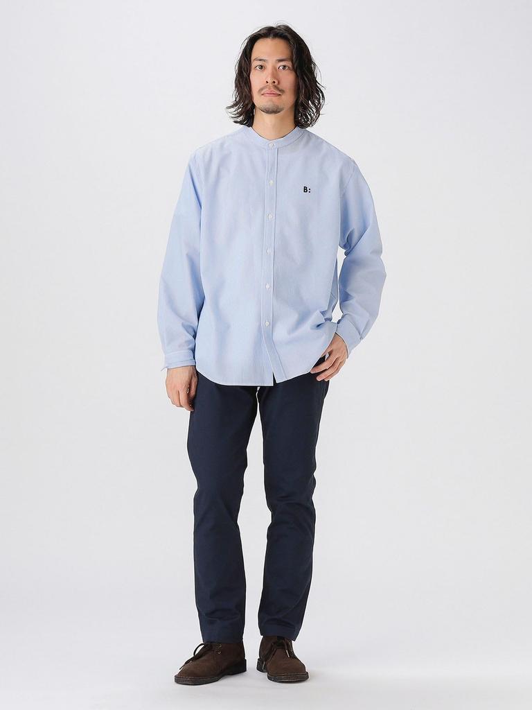 B:MING LIFE STORE by BEAMS Men's Large/Small Band Collar Shirt, Blue, Stretchy, Size M (92110163286)