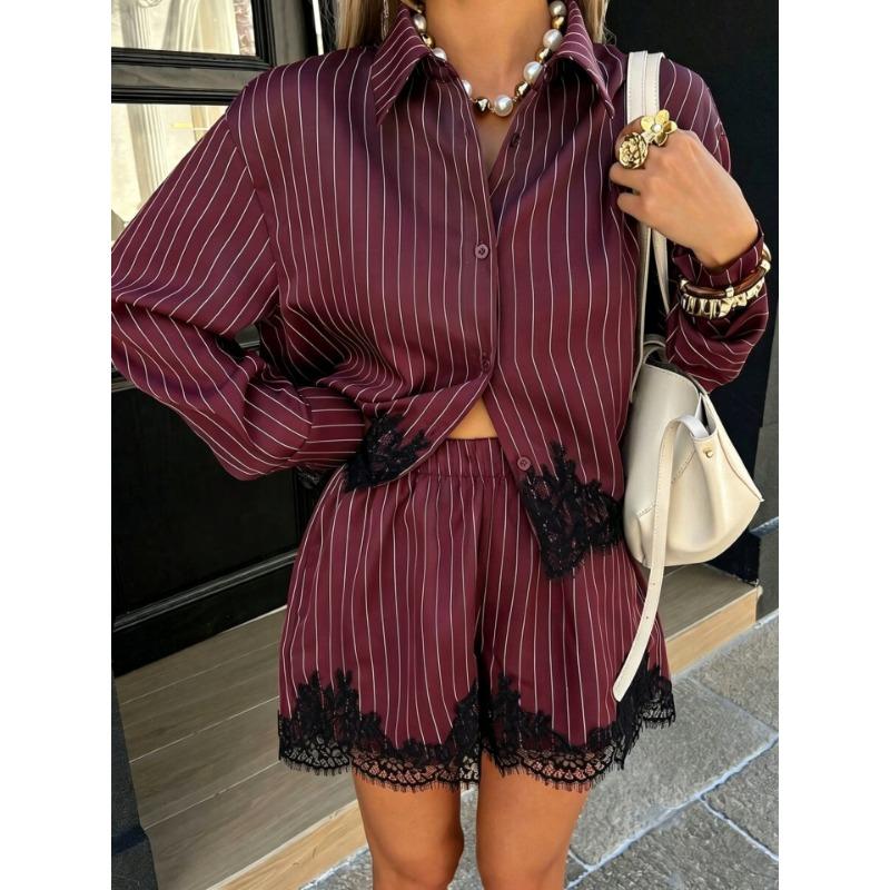 Women Lace Splicing Striped Long Sleeve Shirt And Drawstring Shorts Two Piece Set