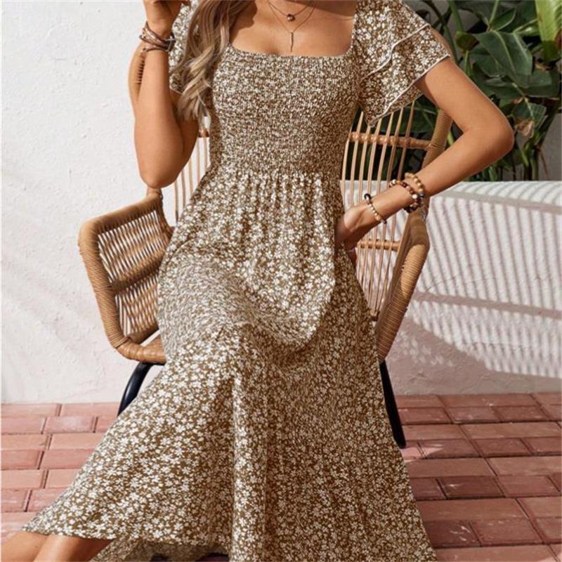 Women's Square Collar Waist Printed Bubble Sleeve Dress S-XXXL