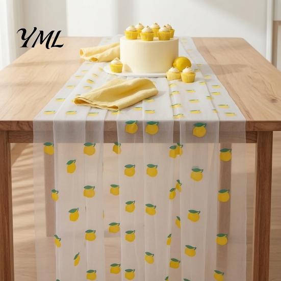Elegant Event Table Liners Sheer Tulle Runner, Strawberry Cherry Lemon Pattern, Summer Runner Overlay, Seasonal Fruit for Birthday Party Wedding Decor