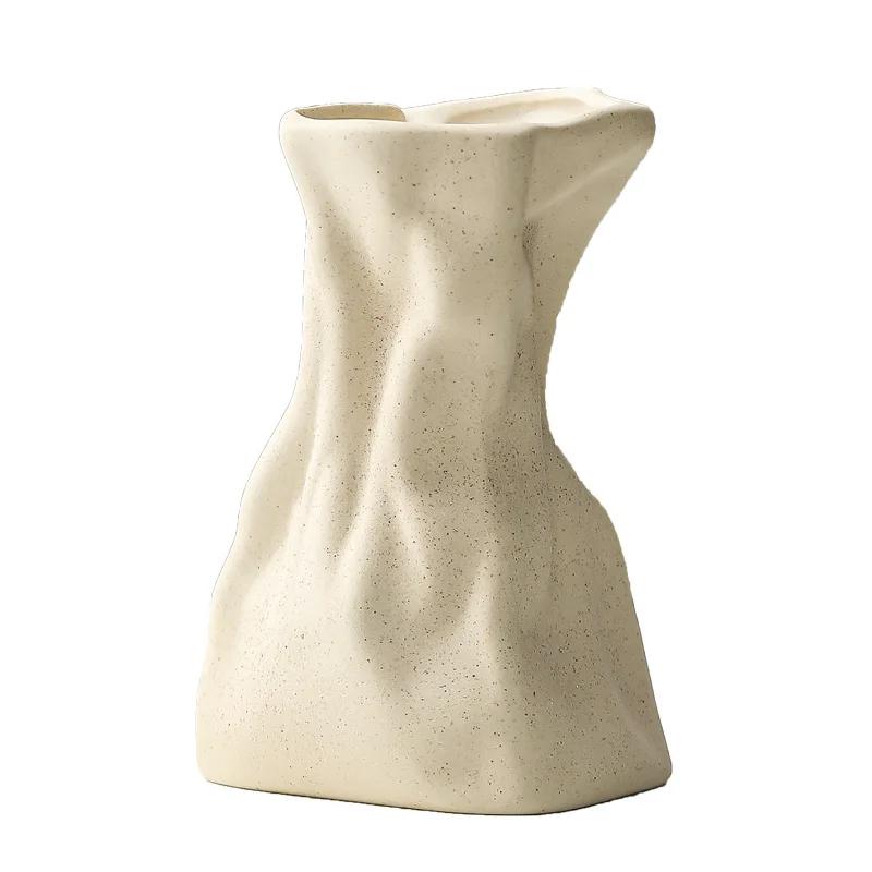 Nordic Cream Ruffle Fabric Ceramic Vase for Dried Flowers Irregular Pouch Shape Home Decor Living Room Table Centerpiece