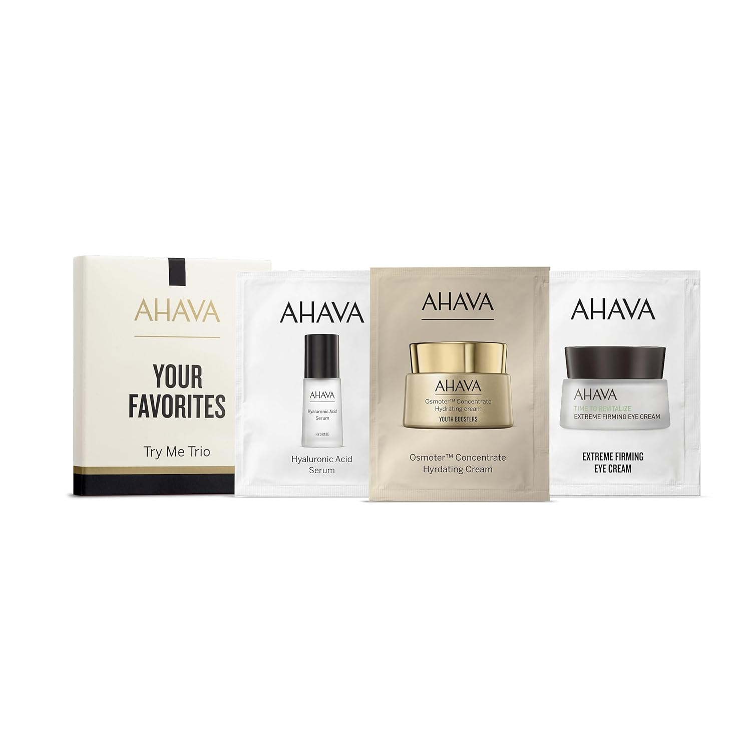 AHAVA Your Favourites Sachet Kit- OsmoterTM Concentrate Hydrating Cream 3ml, Extreme Eye Cream 2ml & Hyaluronic Acid Serum 3ml- Hydrates, Firms &