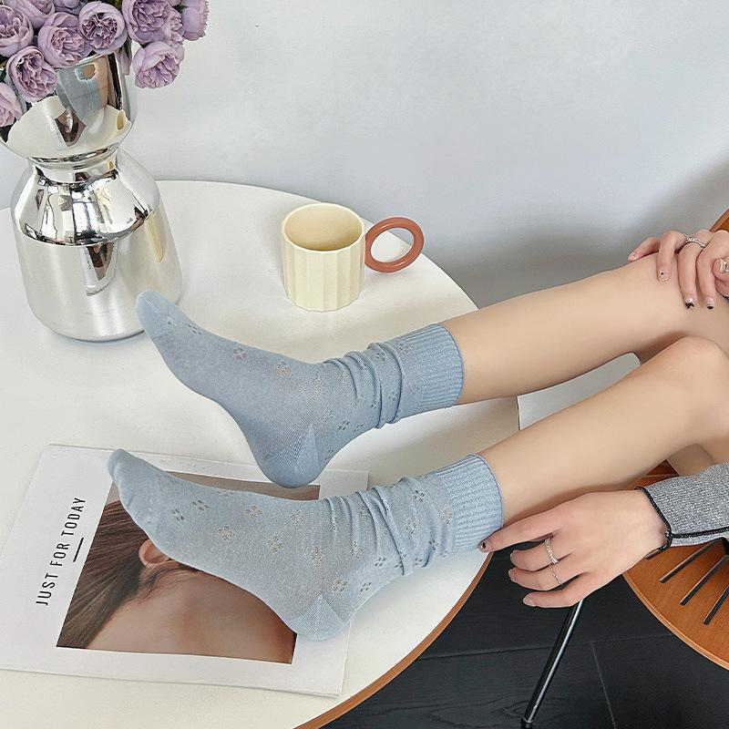 Socks Girls' Ballet Style Cutout Mesh Breathable White Mid-Leg Socks Season Thin Solid Color Stockings