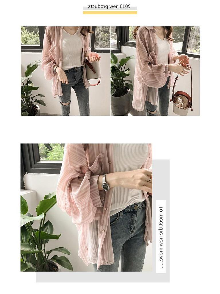 2022 Korean Lantern Sleeve Striped Chiffon Cardigan Jacket