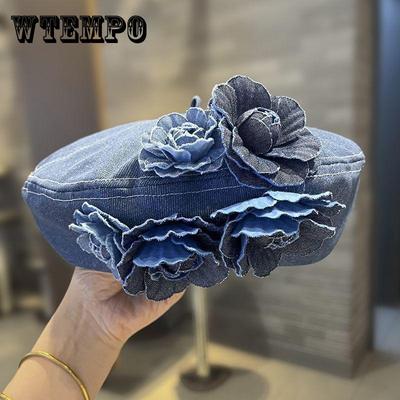 Baskenmütze aus Denim mit Vintage-Blumendekor, Vintage-blaue verwaschene Malermütze aus Denim, leichte Baskenmütze für den täglichen Gebrauch für Damen
