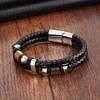Men's Lucky Bead Bracelet Black Leather Cord Punk Retro Hip Hop Streetwear Stainless Steel Wristband