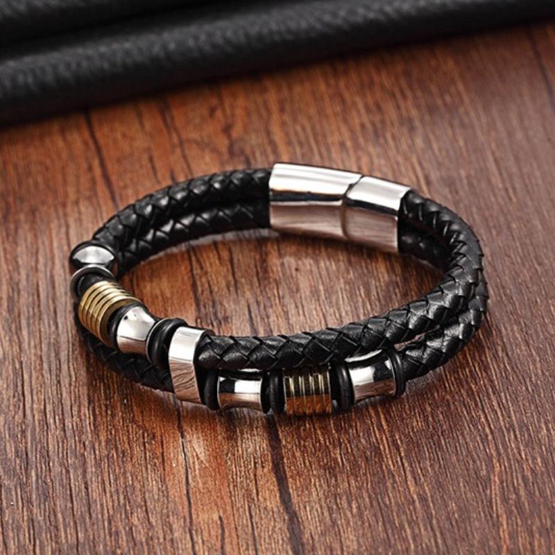 Men's Lucky Bead Bracelet Black Leather Cord Punk Retro Hip Hop Streetwear Stainless Steel Wristband