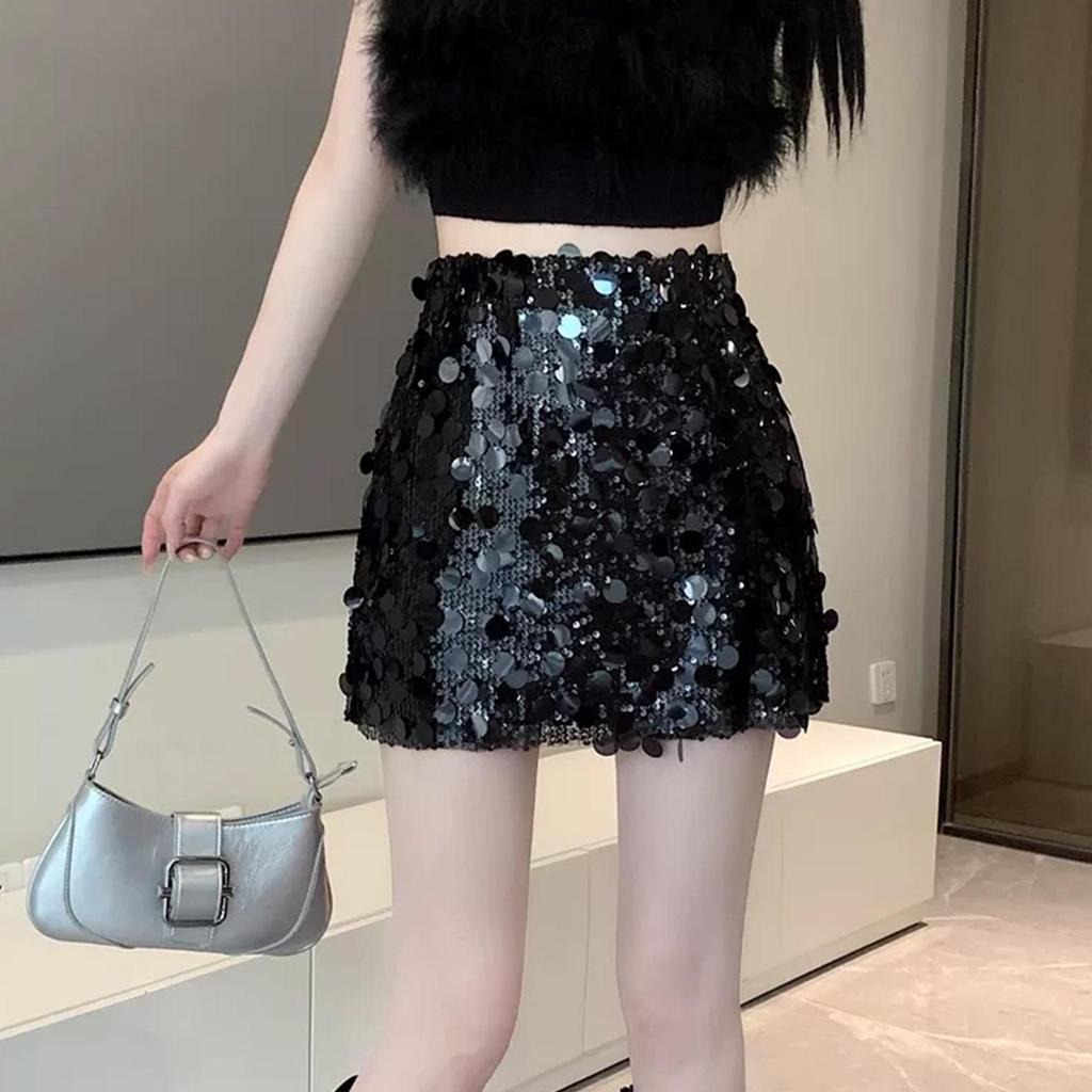 Moda Donna Minigonna Lurex Monocolore con Zip Laterale Vita Alta Vintage Gonna Chic da Donna