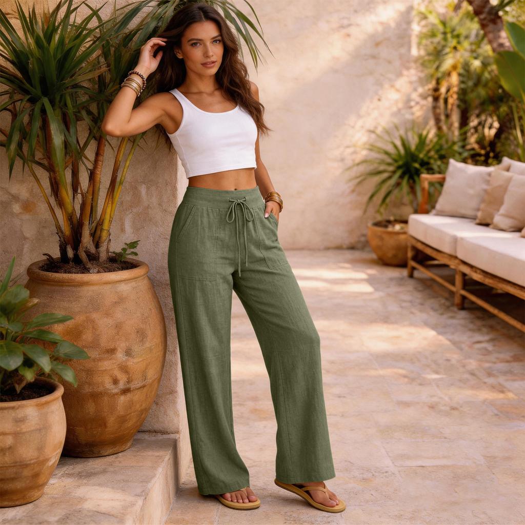 Women Casual Loose Fit High Waist Drawstring Straight Leg Wide Leg Pants Lightweight Relaxed Trousers for Daily Wear