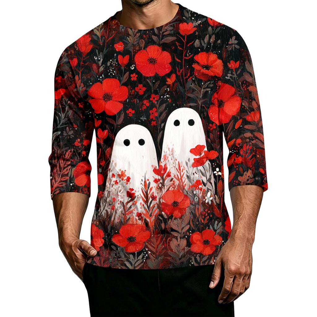 Men's Casual Halloween Printed Crew Neck Three Quarter Sleeve T Shirt with Pumpkin Graphic Loose Fit Comfortable Top
