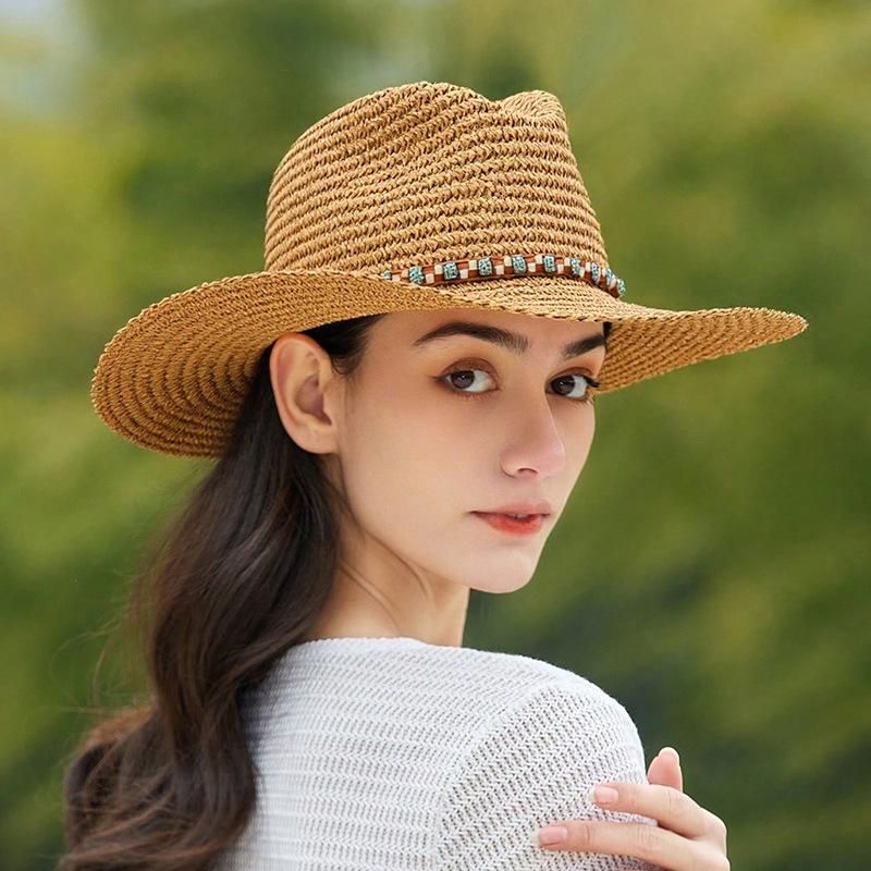 

Big eave hat cowboy hat female versatile sunshade papyrus western cowboy hat summer sun protection beach fisherman straw hat M（56-58cm）