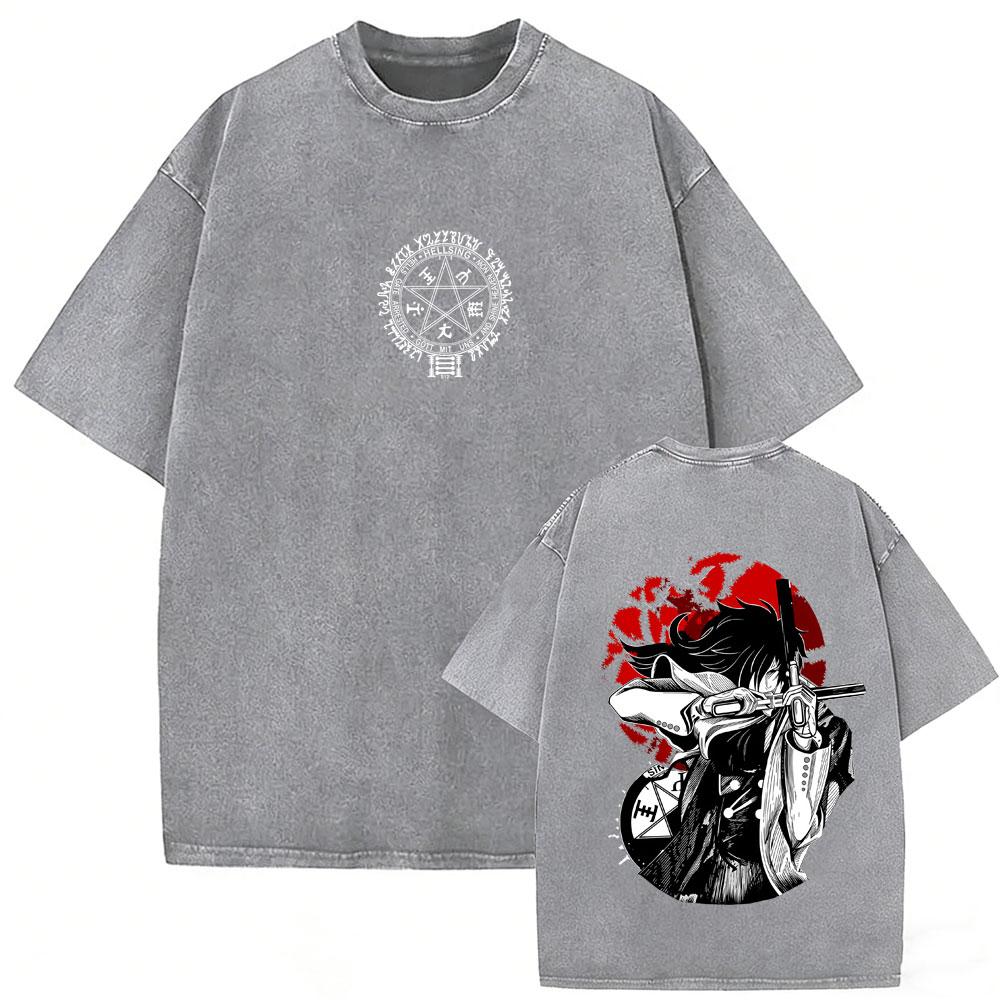 Washed Vintage Anime Hellsing Yumie Takagi Graphic Tshirt Vampire Alucard Merch Tshirts Mens Gothic Manga Oversized T Shirts