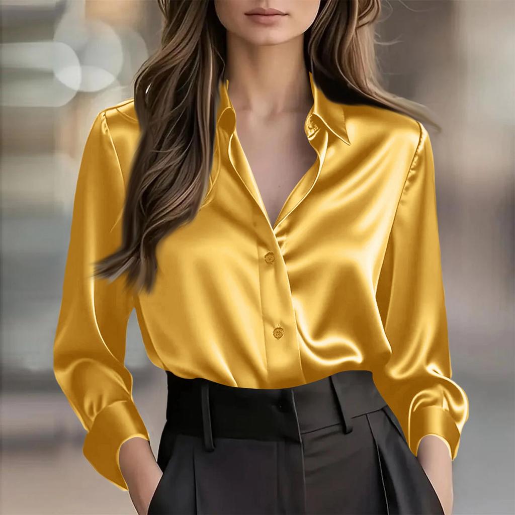Women's V-Neck Button Down Shirt Long Sleeve Color Casual Blouse for Work Daily Wear