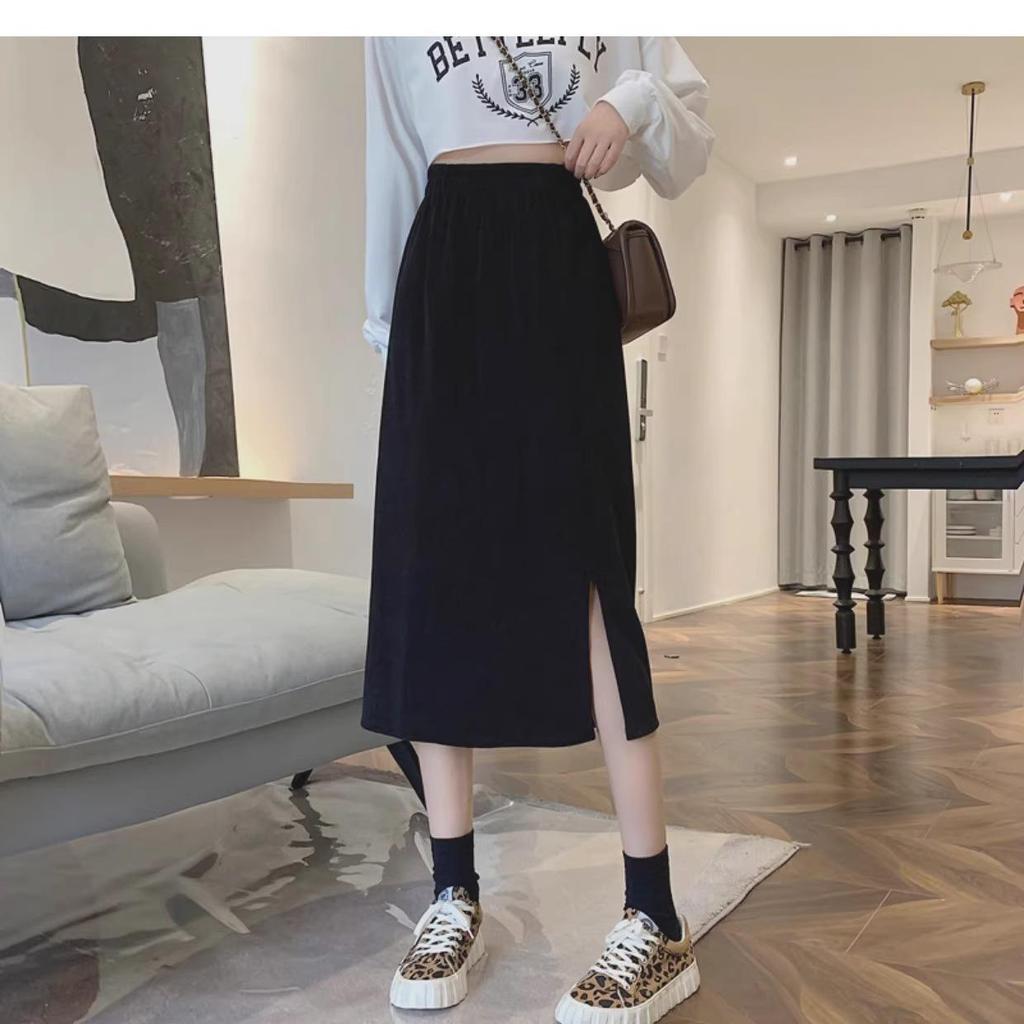2024 Autumn/Winter Women's High-Waist Slimming Corduroy Midi A-Line Skirt - Korean Style