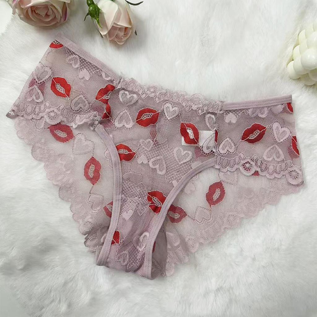 Women Lace Mid Waist Briefs with Floral Embroidery Sheer Mesh Panties Scalloped Underwear Comfortable Fit