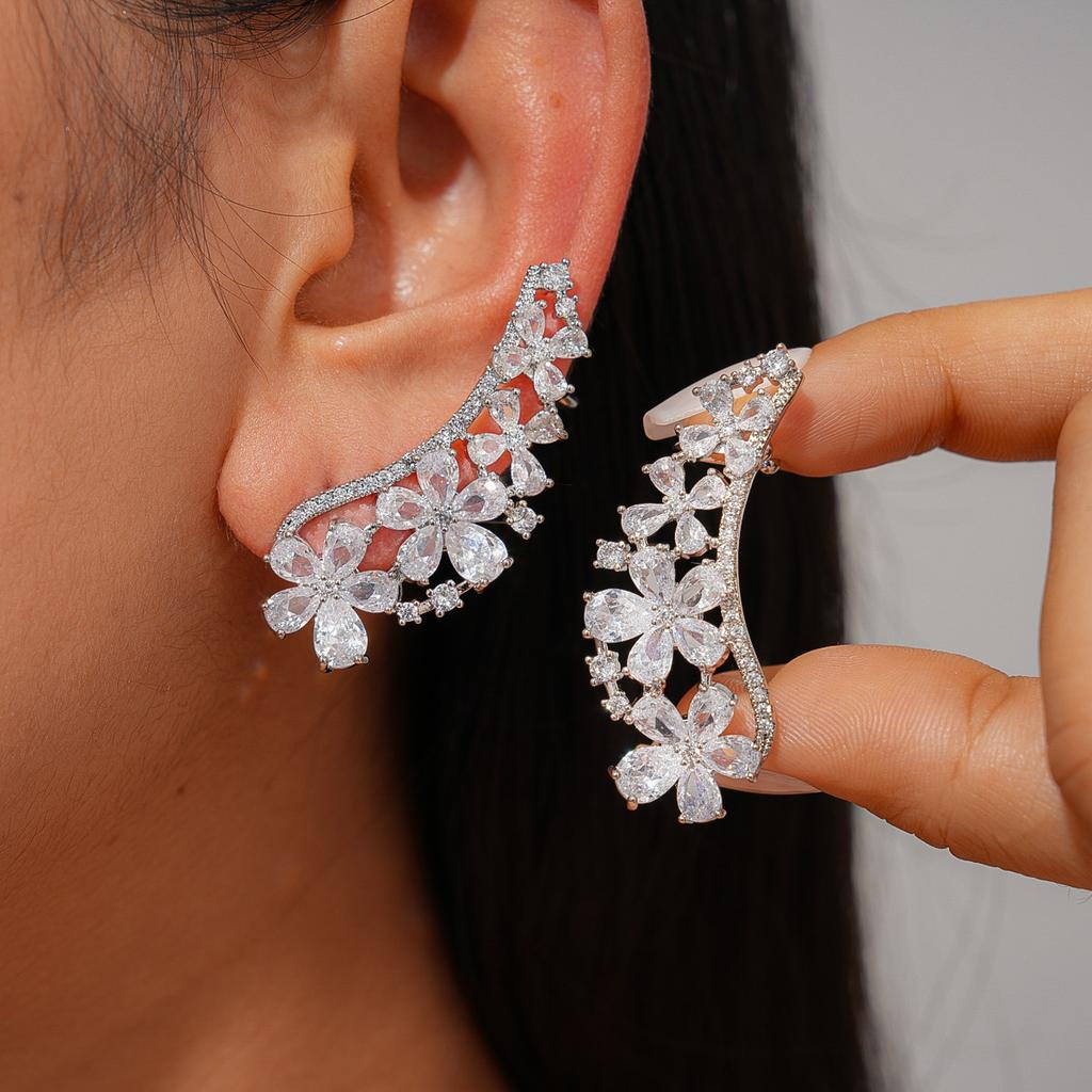 Wind zircon hollow flower silver needle stud earrings exquisite earrings