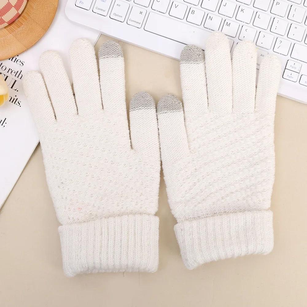 

Трендовые зимние утолщенные перчатки, теплые эластичные вязаные варежки из флиса и шерсти, полнопалые, перчатки, женские, для велоспорта, ветрозащитные, вязаные крючком белый