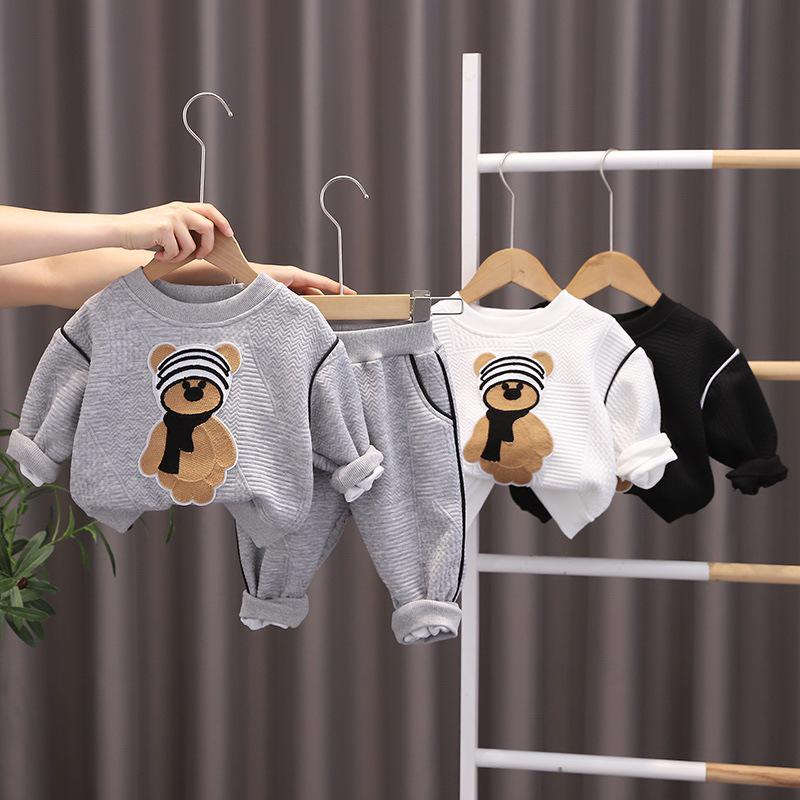 Korean Kids' Autumn Bear Sweatshirt & Sweatpants Set – Cartoon Two-Piece Long Sleeve Outfit