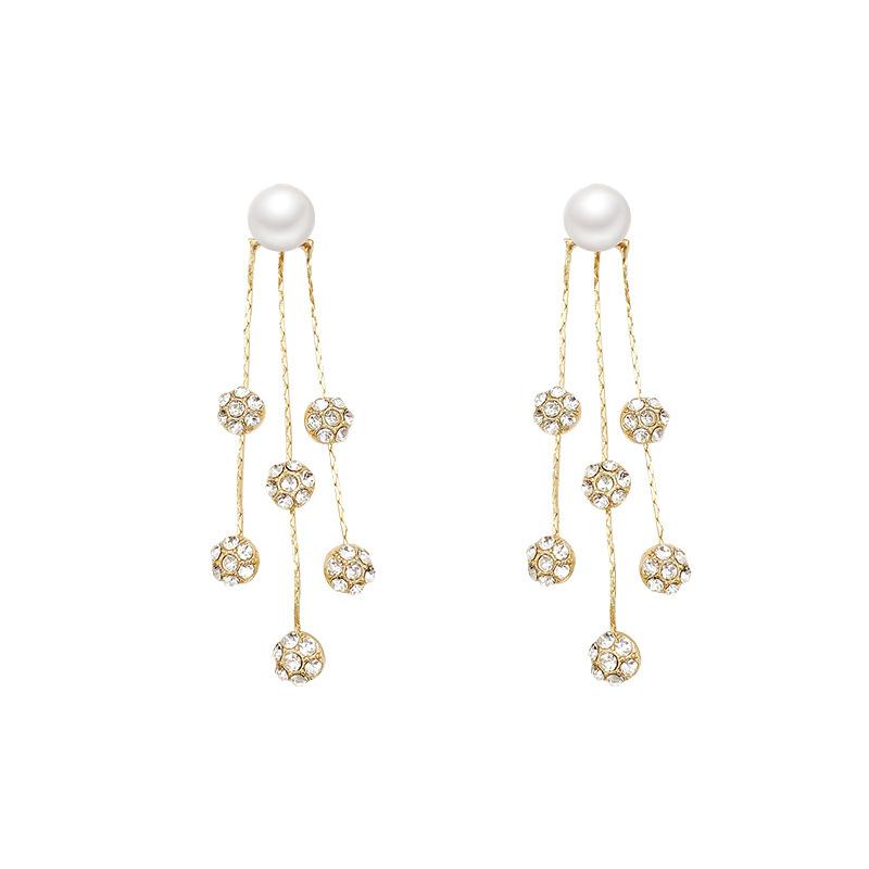 Korean design sense ball ball fringed earrings women's light luxury temperament long pearl stud earrings a two-wear earrings