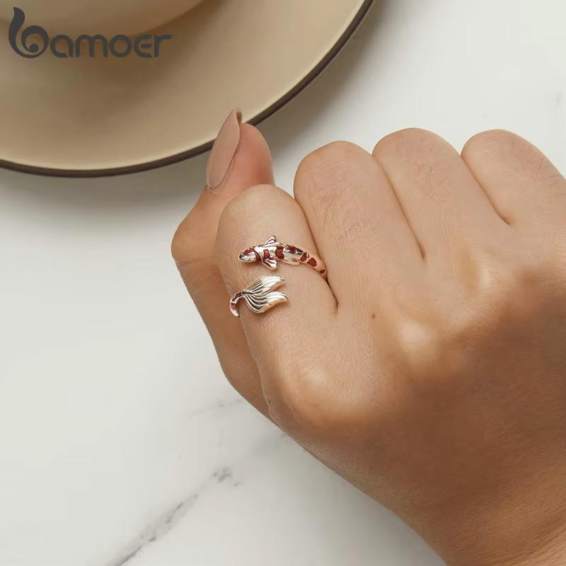 Bamoer 925 Silver Red Enamel Koi Opening Ring Lucky Fish Tail Adjustable Ring for Women Birthday Gift Fine Jewelry