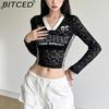 BITCED Autumn Women's Solid-Colour Slim-Fit Cropped V-Neck Long-Sleeved Printed Top
