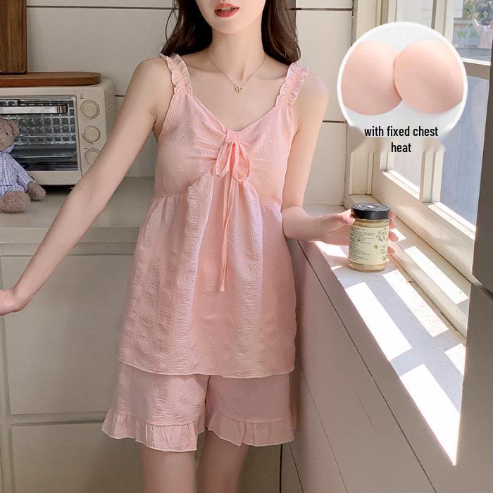 2026 Summer Women's Pajama Set: Princess Style Cloud Cotton Camisole with Built-in Bra