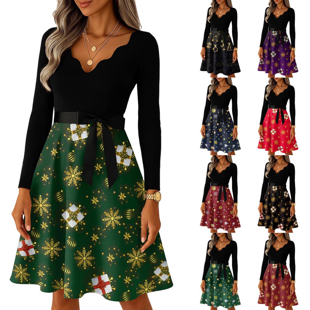 Női alkalmi divat hosszú ujjú karácsonyi grafikai nyomatokkal vintage hosszú ruhák
