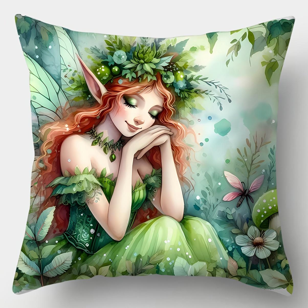 Наволочка  Сказочный Эльф , Мечтательный Зеленый Дизайн с Цветами и Крыльями для Фанатов Фэнтези, Мягкая Хлопковая Декоративная Наволочка 16x16Inch