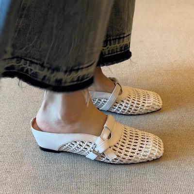 Skinny and Tall Retro Baotou Half Slippers Women's Summer Wear Thick Heels and Inner Height Increase One Pedal Woven Breathable Sandals