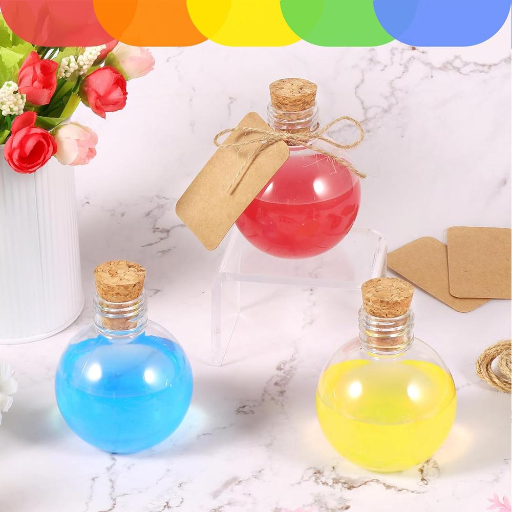 Spherical Plastic Potion Bottles Ball Shape Round Bottles 3.4 Oz Sand Art Bottles with Corks and Tags Decorative Bottle Candy