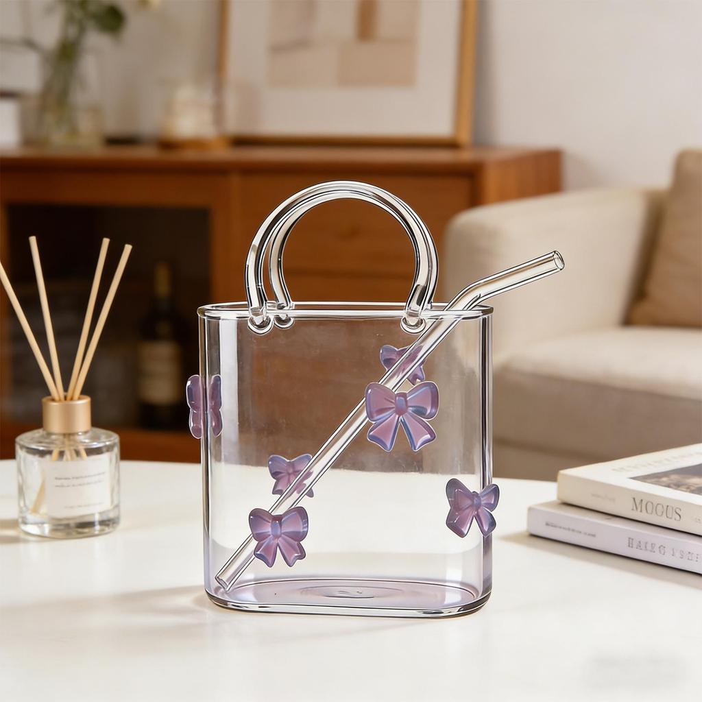 Purse Drinking Glass, Decorative Cute Cup - Wine Glasses with Straw for Beverage Juice Cocktail Flowers, Wedding, Birthday Party